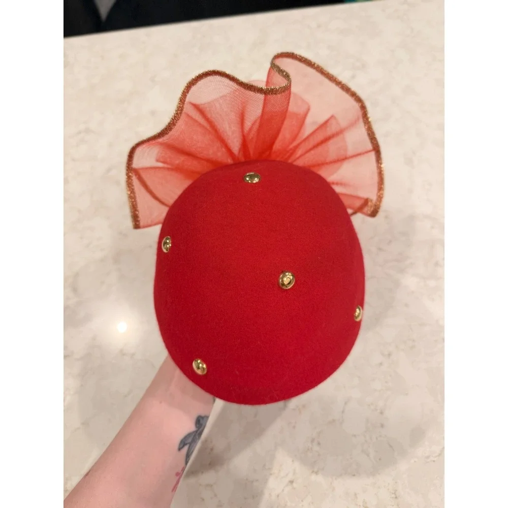 Vintage Red Wool Pillbox Hat Gold‎ Studs Oversized Mesh Bow Holiday Fascinator